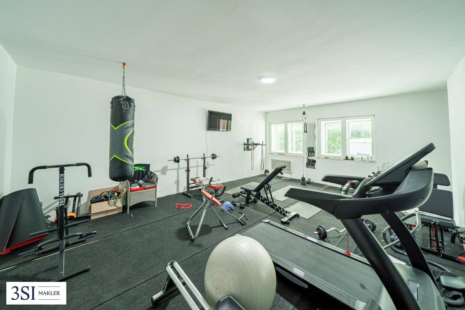 Privater Fitnessraum mit verschiedenen Trainingsgeräten, Boxsack und Fenstern.