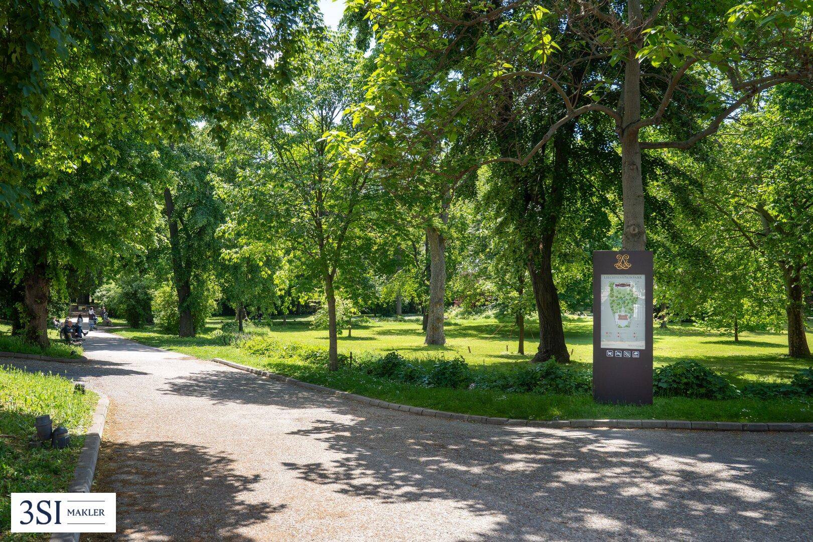Idyllischer Park mit üppigem Grün, hohen Bäumen und einem geschwungenen Spazierweg.