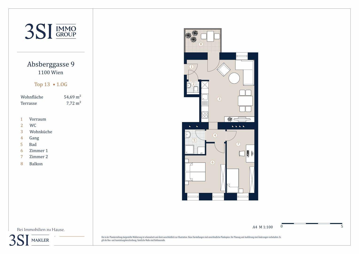 Grundriss einer Wohnung mit zwei Zimmern, Terrasse und Balkon.