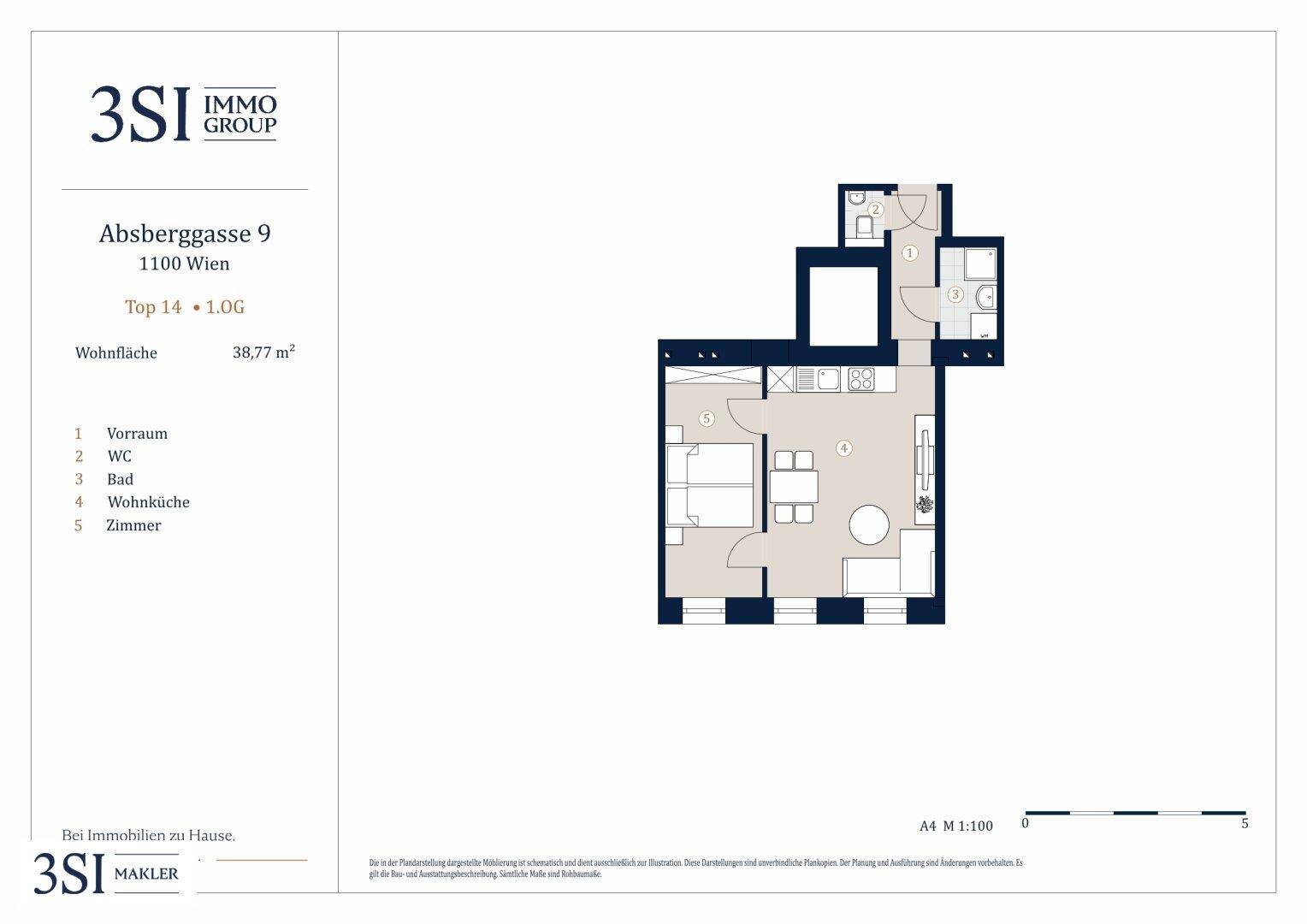 Grundriss einer Wohnung mit Wohnküche, Schlafzimmer und Bad, Gesamtfläche 38,77 m².