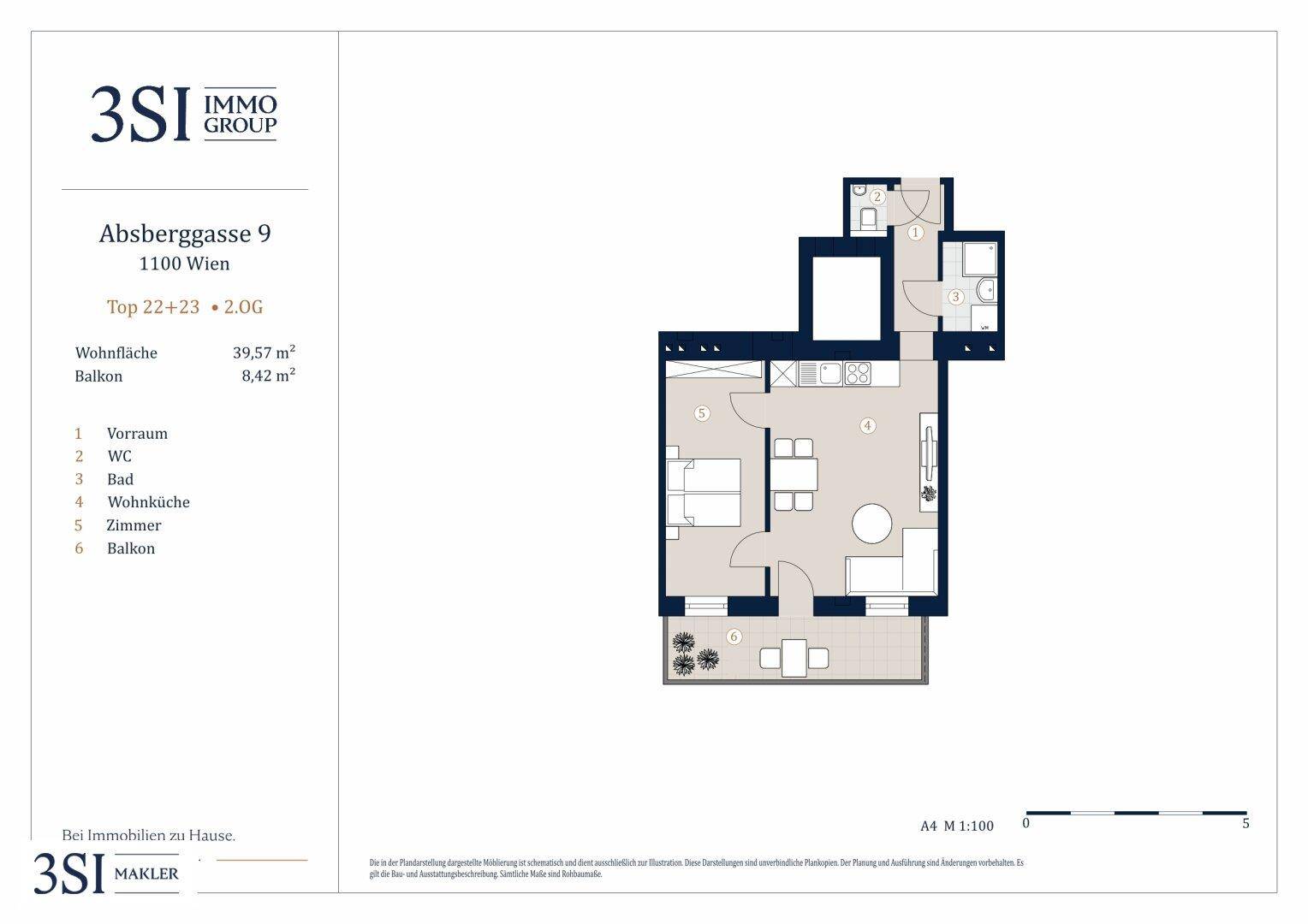 Detaillierter Grundriss einer Wohnung mit Balkon und offener Wohnküche.