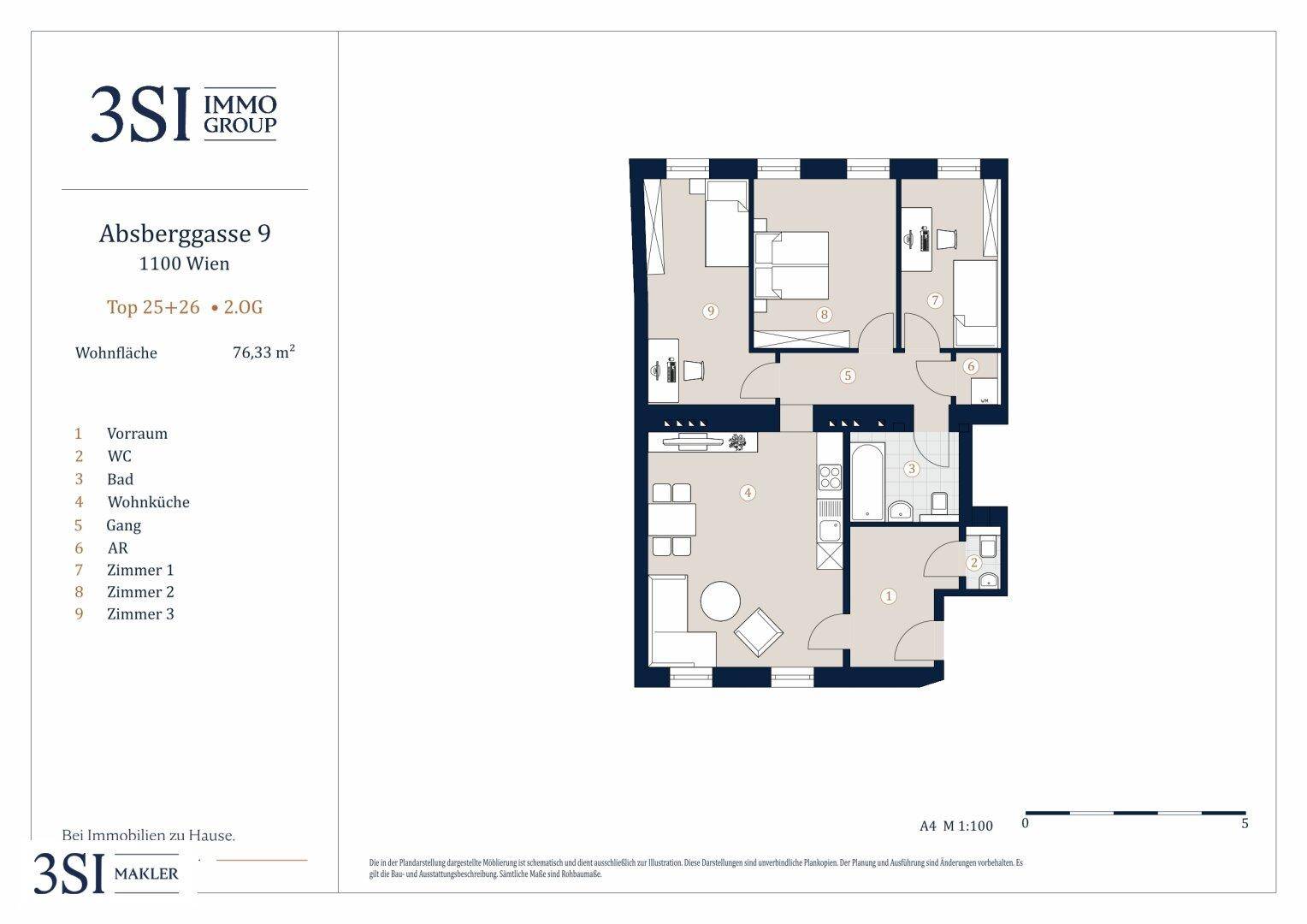 Detaillierter Grundriss einer Wohnung mit drei Zimmern und einer Wohnfläche von 76,33 m².