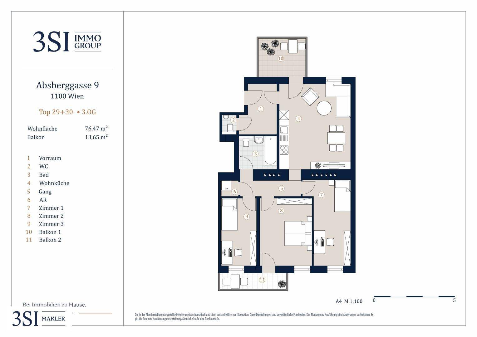 Grundriss einer Wohnung mit zwei Balkonen und drei Zimmern.