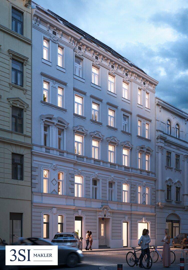 Abendliche Ansicht der modernen Fassade eines Mehrfamilienhauses mit beleuchteten Fenstern und Straßenleben.