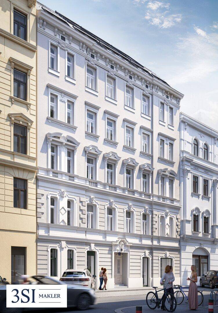 Tagesansicht der eleganten Fassade eines Stadthauses mit klassischen Details und großen Fenstern.