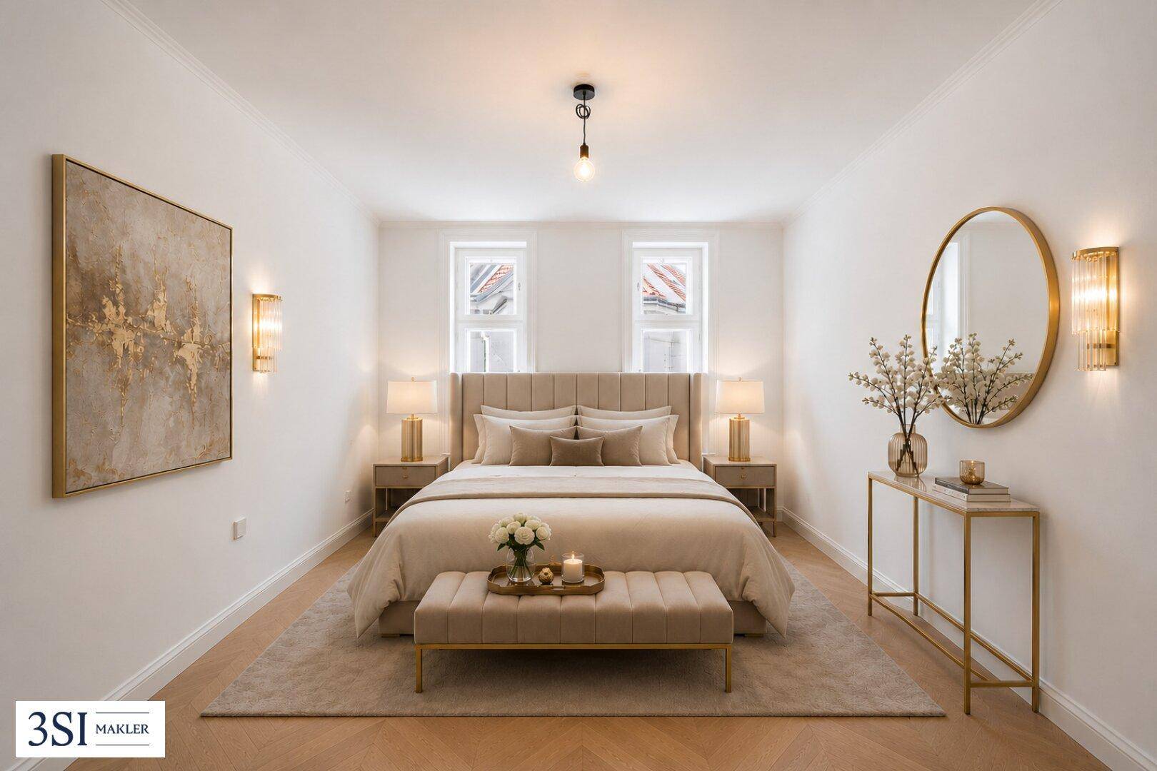 Stilvolles Schlafzimmer mit Doppelbett, Fischgrätparkett und eleganten goldenen Akzenten.