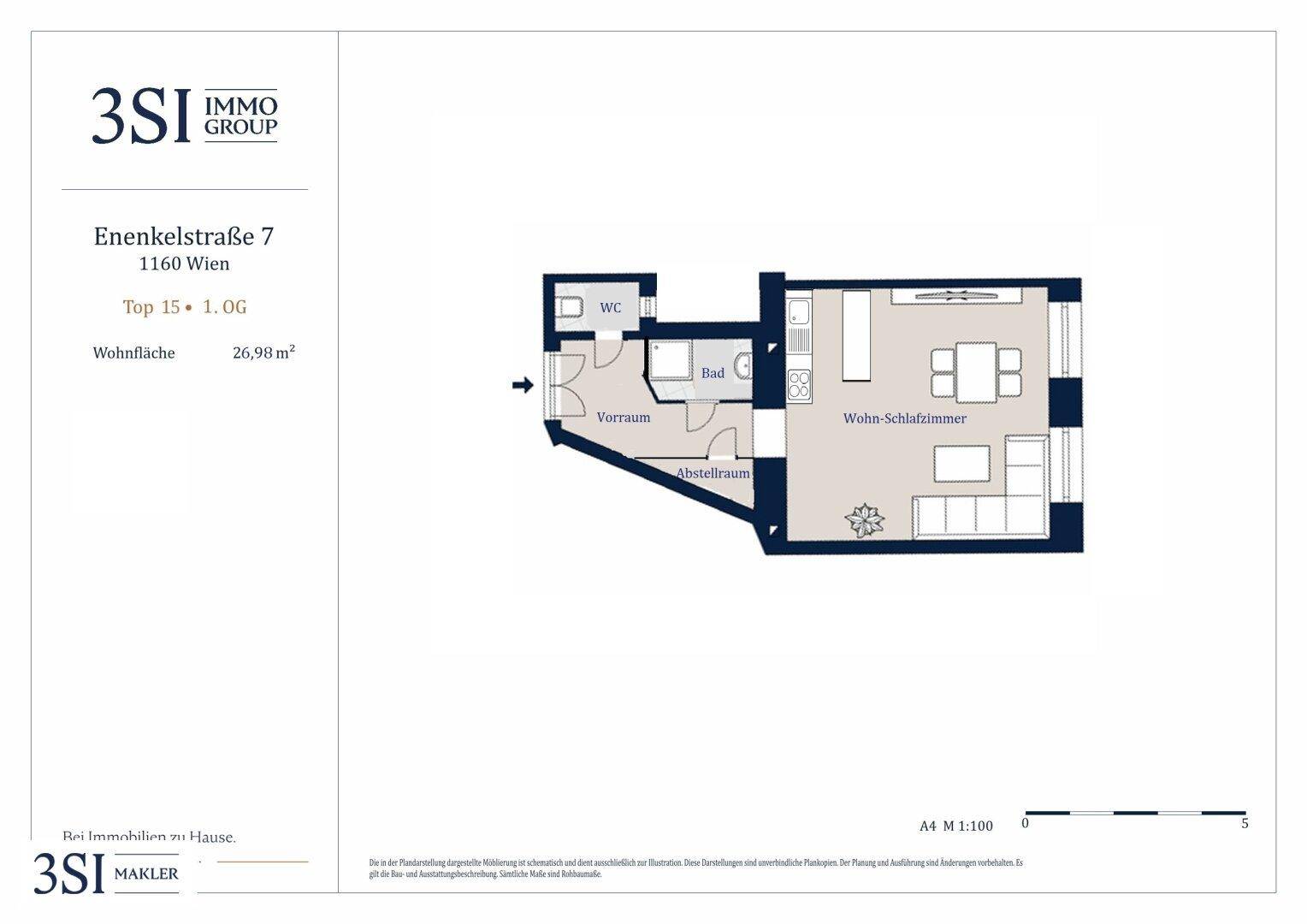 Grundriss der Wohnung Top 15 im 1. Obergeschoss mit Wohn-Schlafzimmer und Abstellraum.