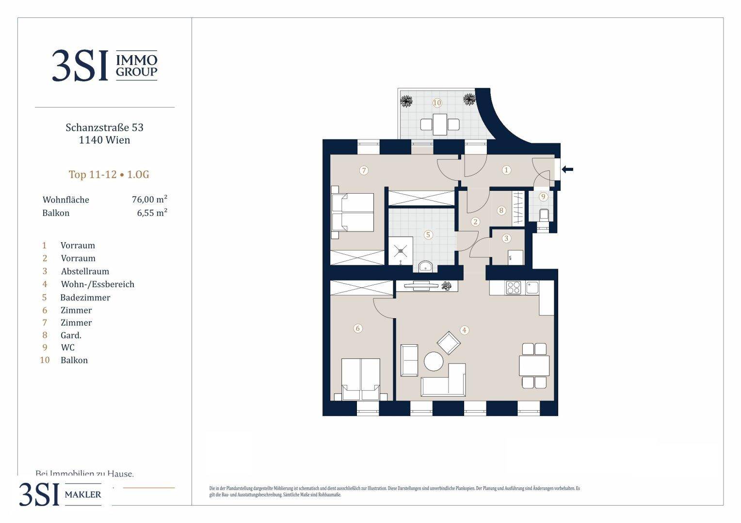 Grundriss einer Wohnung mit offenem Wohn-/Essbereich, zwei Schlafzimmern und einem Balkon.