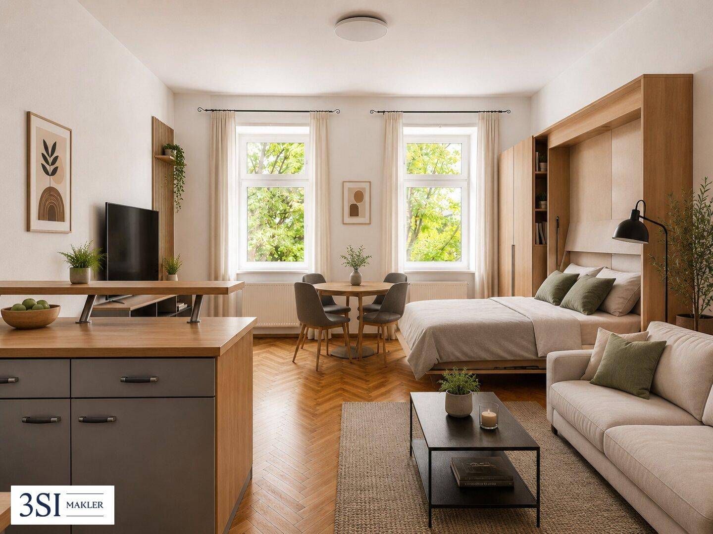 Modernes Studio-Apartment mit integriertem Schlaf-, Wohn- und Essbereich sowie kleiner Küchenzeile.