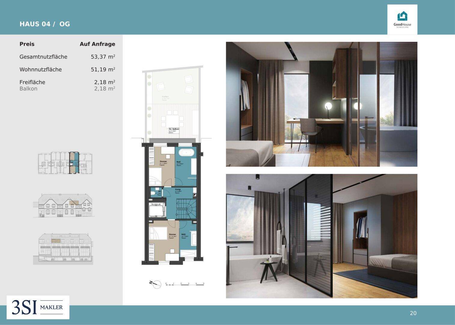 Grundriss des Obergeschosses mit zwei Schlafzimmern, zwei Bädern und Balkon.