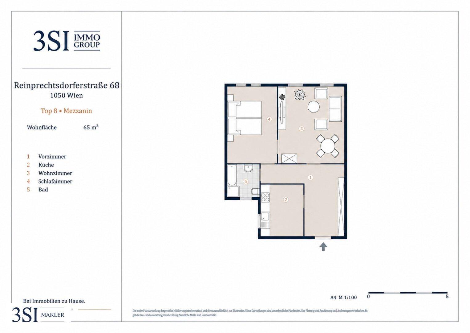 Grundriss einer 65 m² Wohnung mit Schlafzimmer, Wohnzimmer und separater Küche.