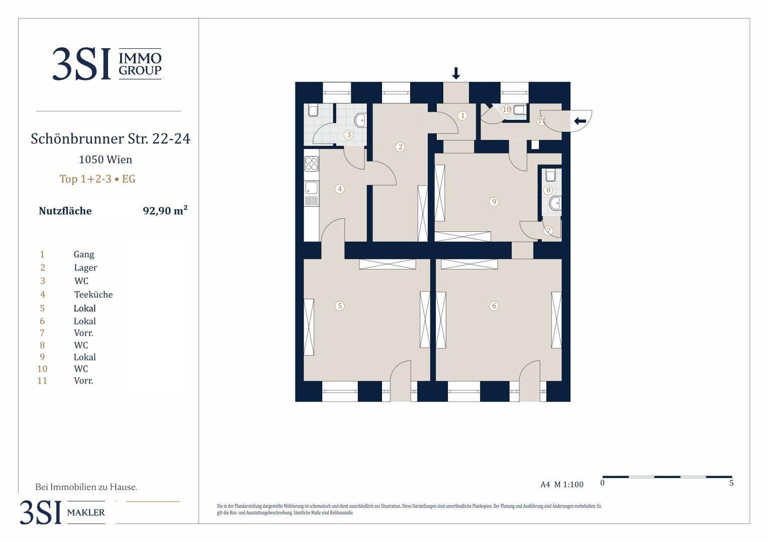 Grundriss einer Wohnung mit mehreren Zimmern, einer Teeküche und drei separaten WCs.