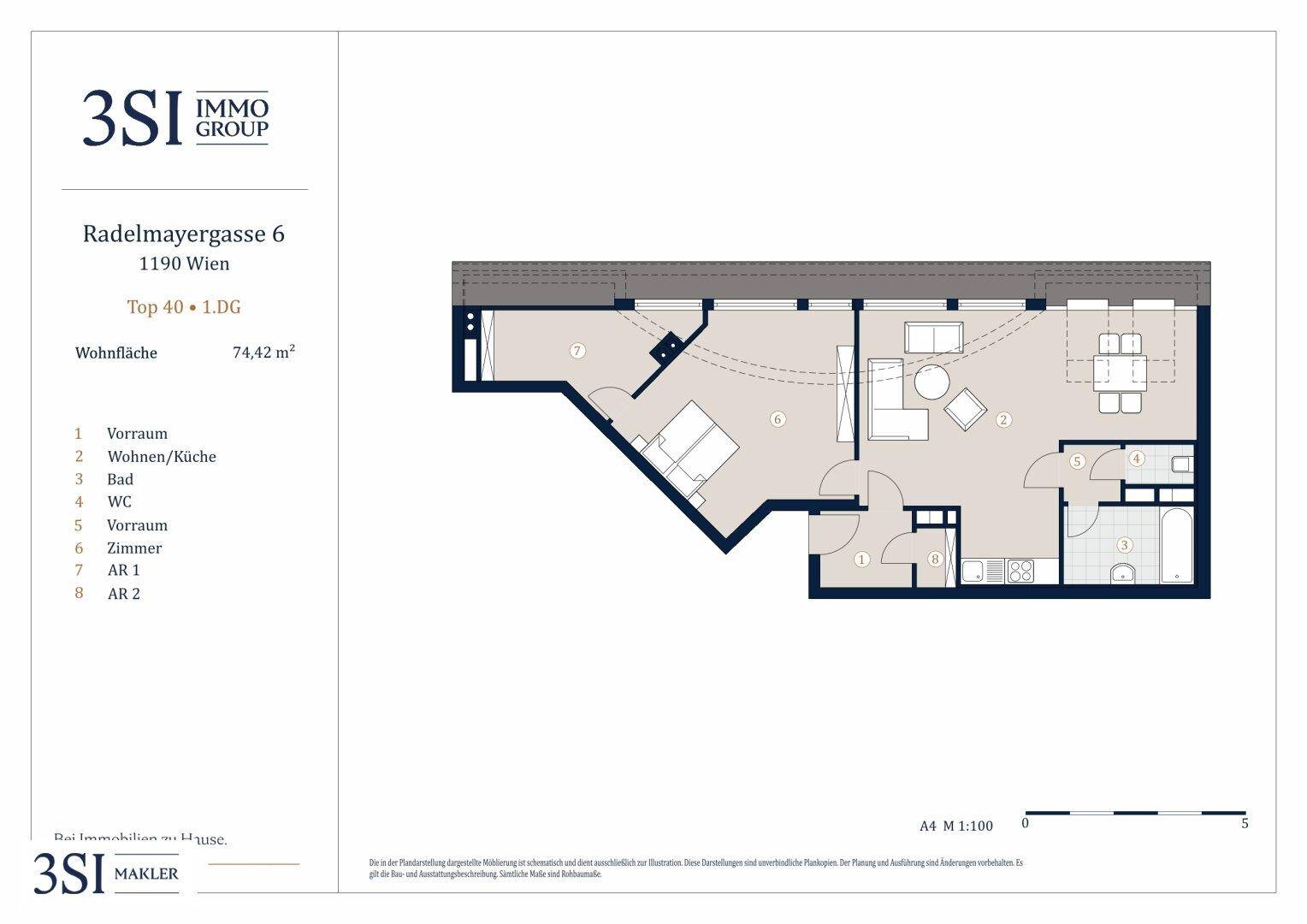 Grundriss einer modernen Wohnung mit offenem Wohn-/Küchenbereich, einem Schlafzimmer und separatem WC.