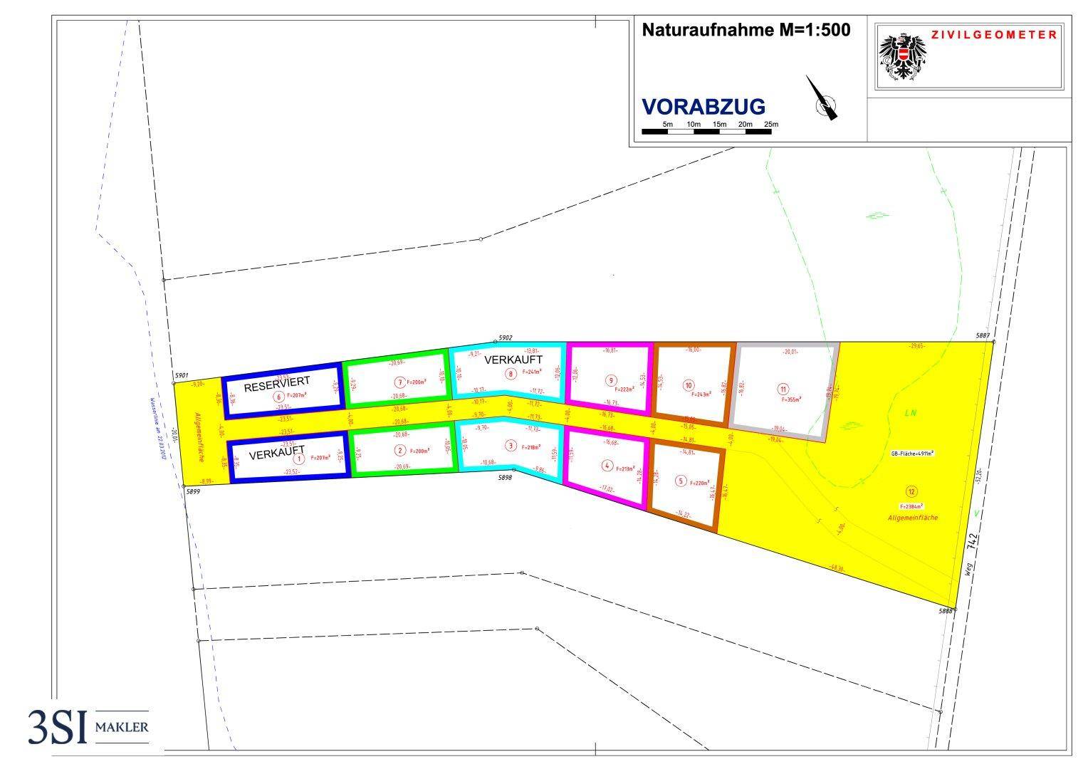 Naturaufnahme M=1:500 Plan zeigt die Aufteilung der Grundstücke mit reservierten und verkauften Parzellen.