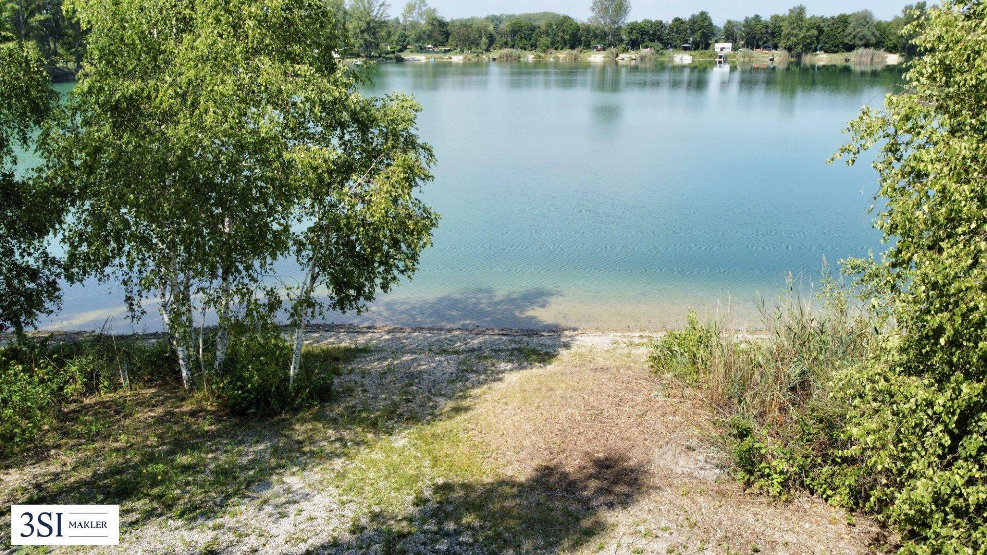 Blick auf den klaren See von einem bewachsenen Ufer, umgeben von grünen Bäumen und Sträuchern.