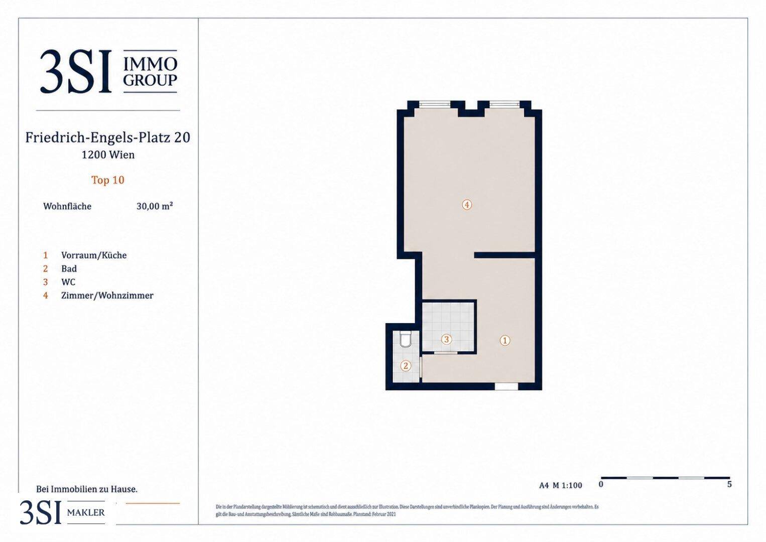 Grundriss einer 30 m² Wohnung mit Vorraum, Bad, separatem WC und einem Wohnzimmer.