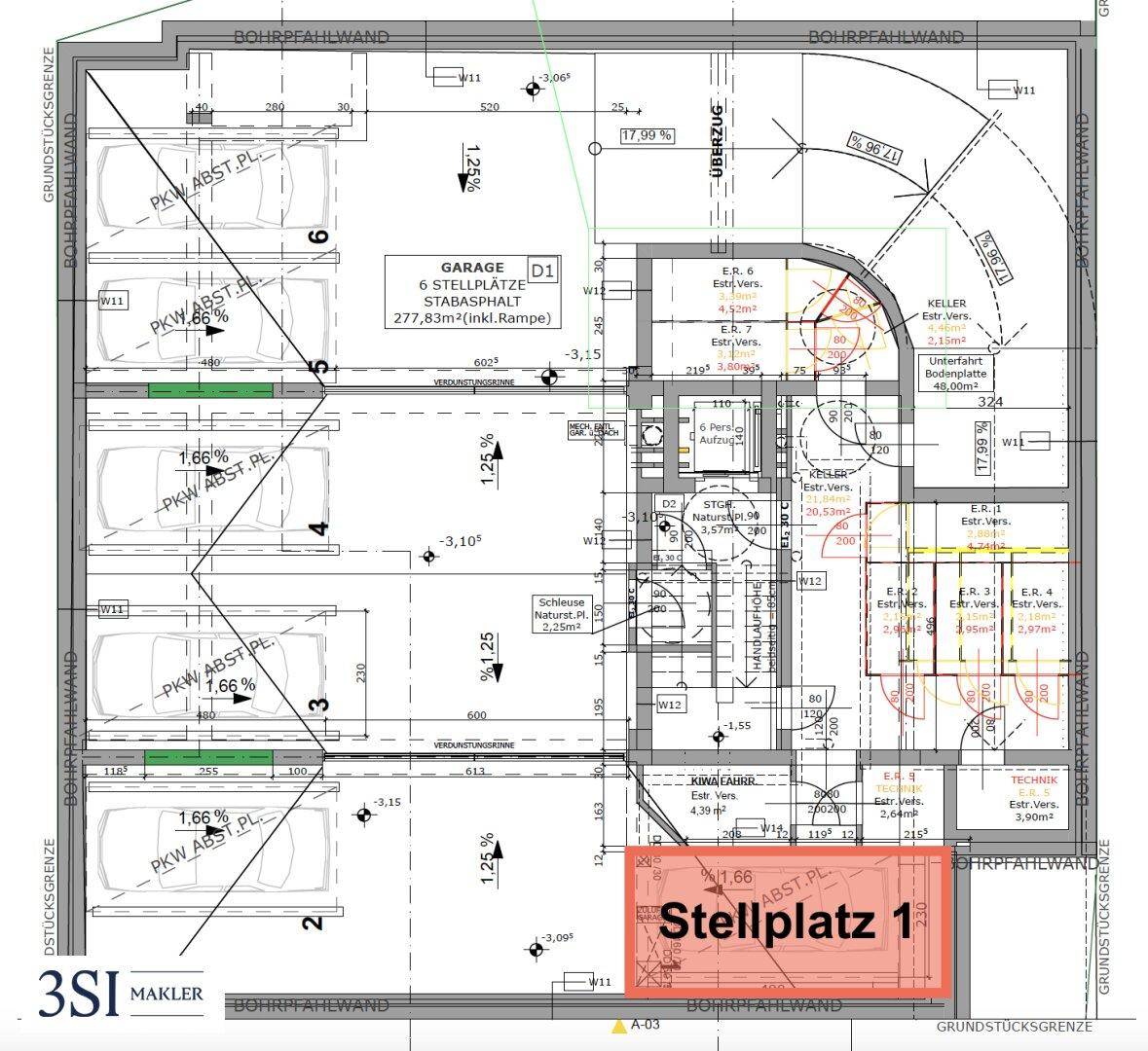 Grundriss der Tiefgarage mit mehreren Stellplätzen und angrenzenden Kellerabteilen für Bewohner.