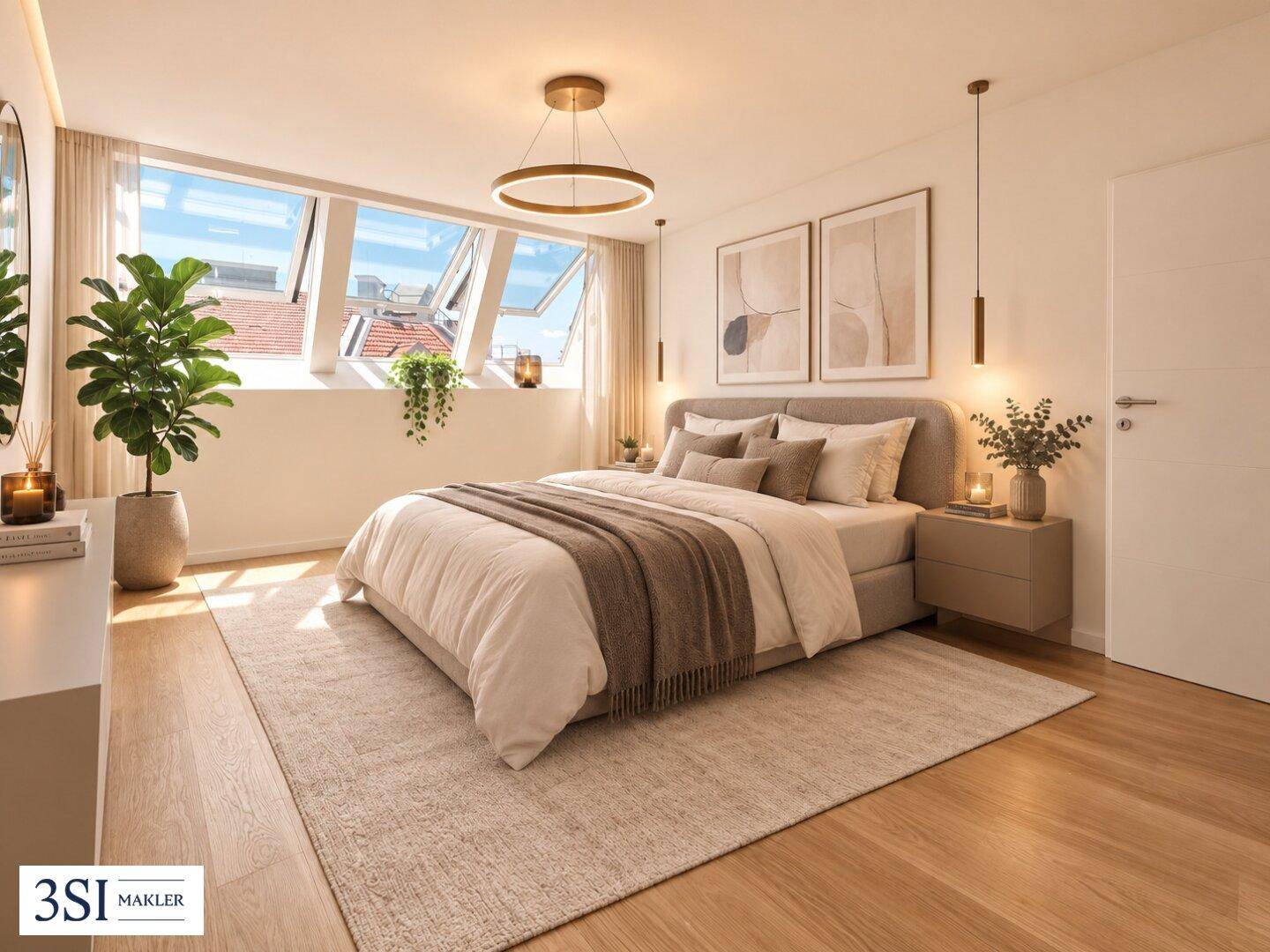 Modernes Schlafzimmer mit großem Bett, Holzboden und mehreren Dachfenstern für viel Tageslicht.