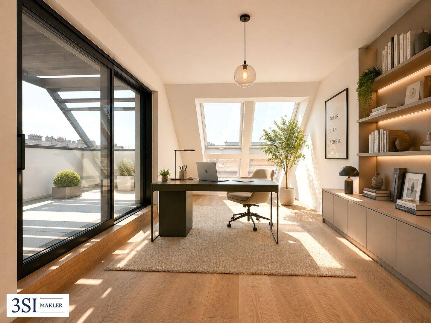 Helles Büro mit Schreibtisch, Bücherregalen und großen Glasschiebetüren zur Terrasse sowie Dachfenstern.