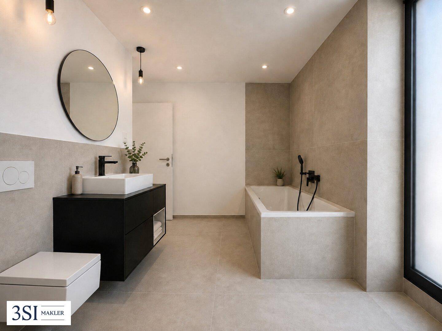 Modernes Badezimmer mit Einzelwaschbecken, Badewanne und Wand-WC in hellen Farbtönen.