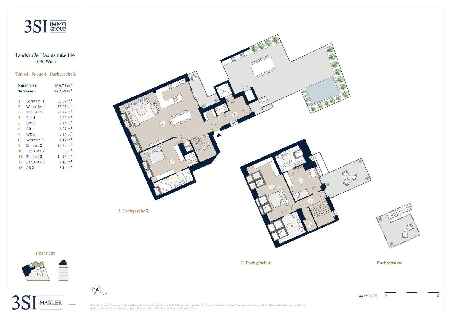 Grundriss einer zweistöckigen Penthouse-Wohnung mit großer Dachterrasse, Pool und mehreren Bädern.