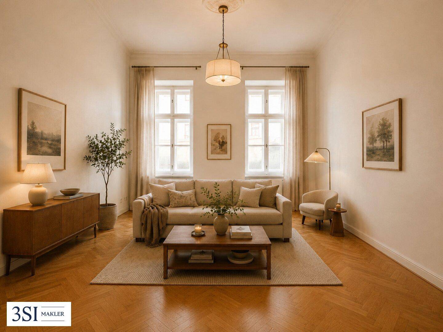 Gemütliches Wohnzimmer mit hellem Sofa, Holzboden und stilvoller Einrichtung.