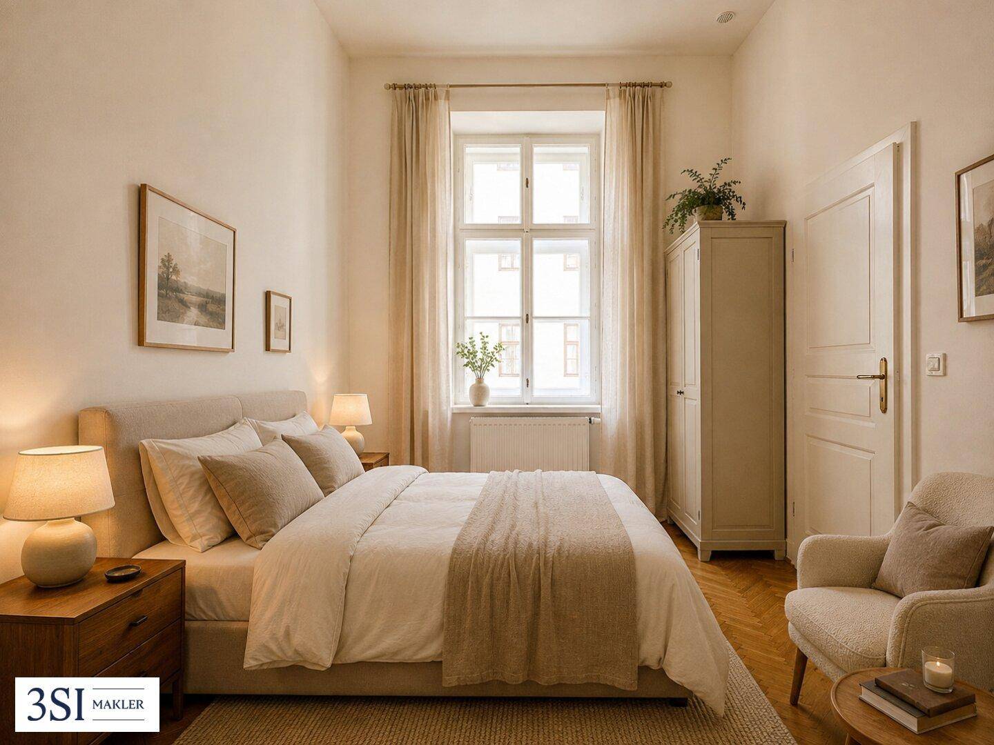 Ruhiges Schlafzimmer mit Doppelbett, Holzboden und großem Fenster für viel Tageslicht.