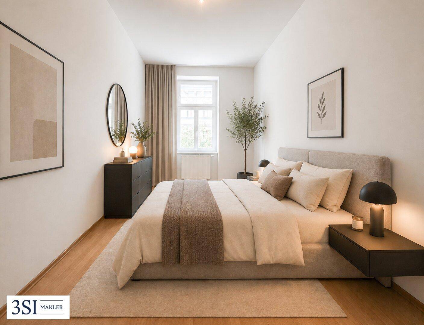 Gemütliches Schlafzimmer mit Doppelbett, Holzboden und minimalistischer Einrichtung, bietet eine ruhige Atmosphäre.