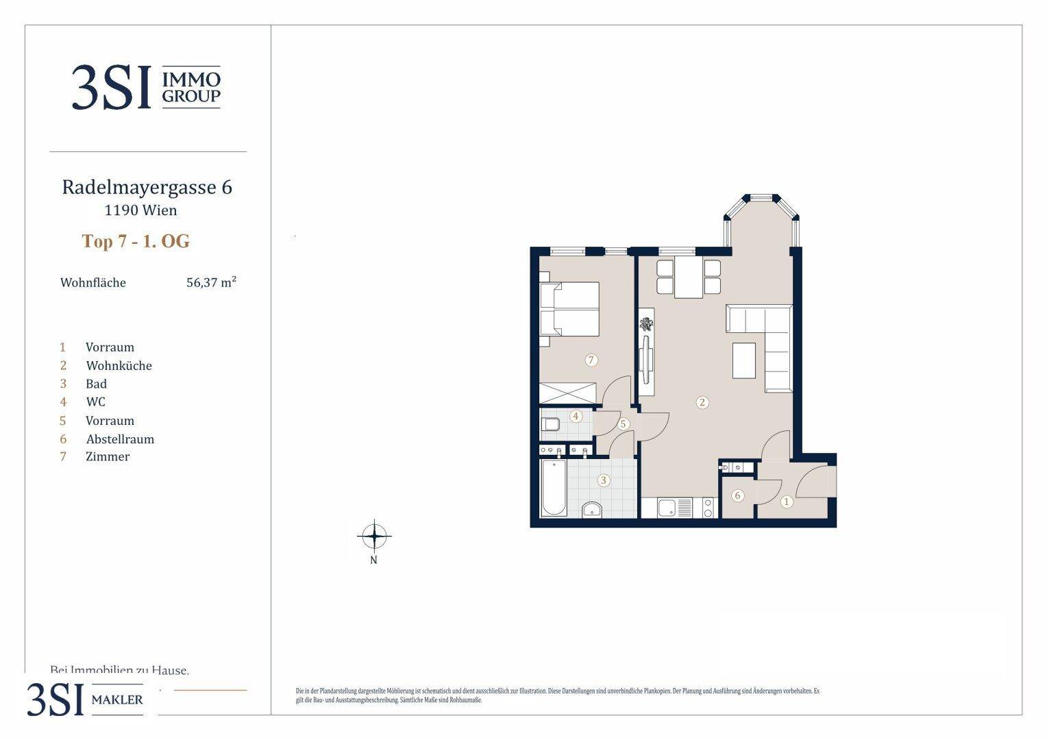 Grundriss der Wohnung Top 7 im Obergeschoss mit 56,37 m² Wohnfläche.