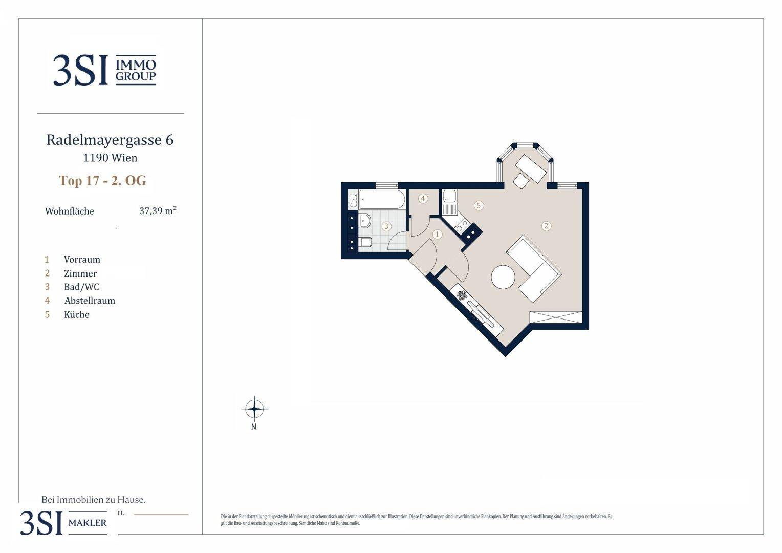 Grundriss der Wohnung Top 17 im 2. Obergeschoss mit einer Wohnfläche von 37,39 m².