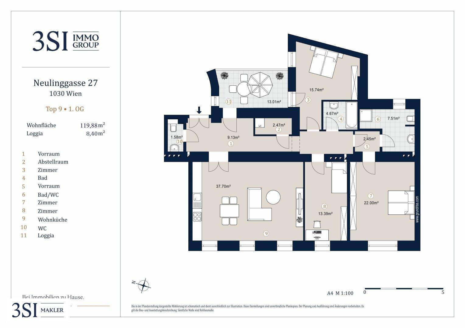 Übersichtlicher Grundrissplan einer modernen Wohnung mit offener Wohnküche, drei Schlafzimmern, zwei Bädern und einer Loggia.