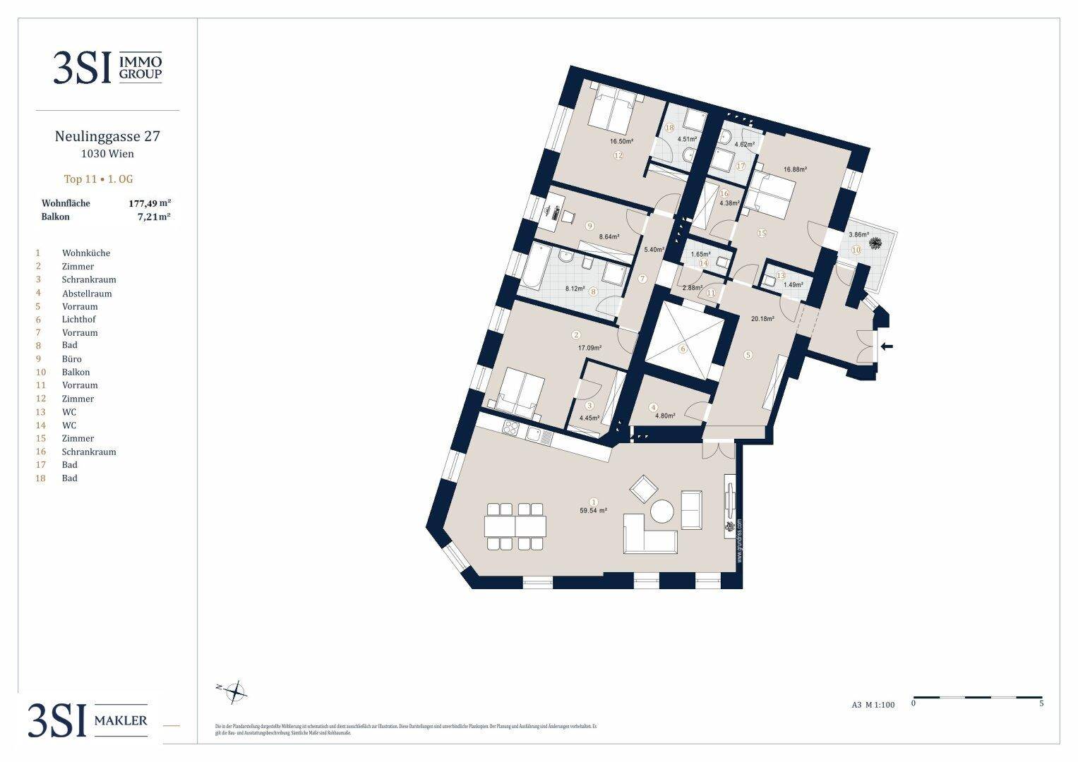 Grundrissplan einer Wohnung mit offenem Wohnbereich, mehreren Schlafzimmern, Bädern und einem Balkon.