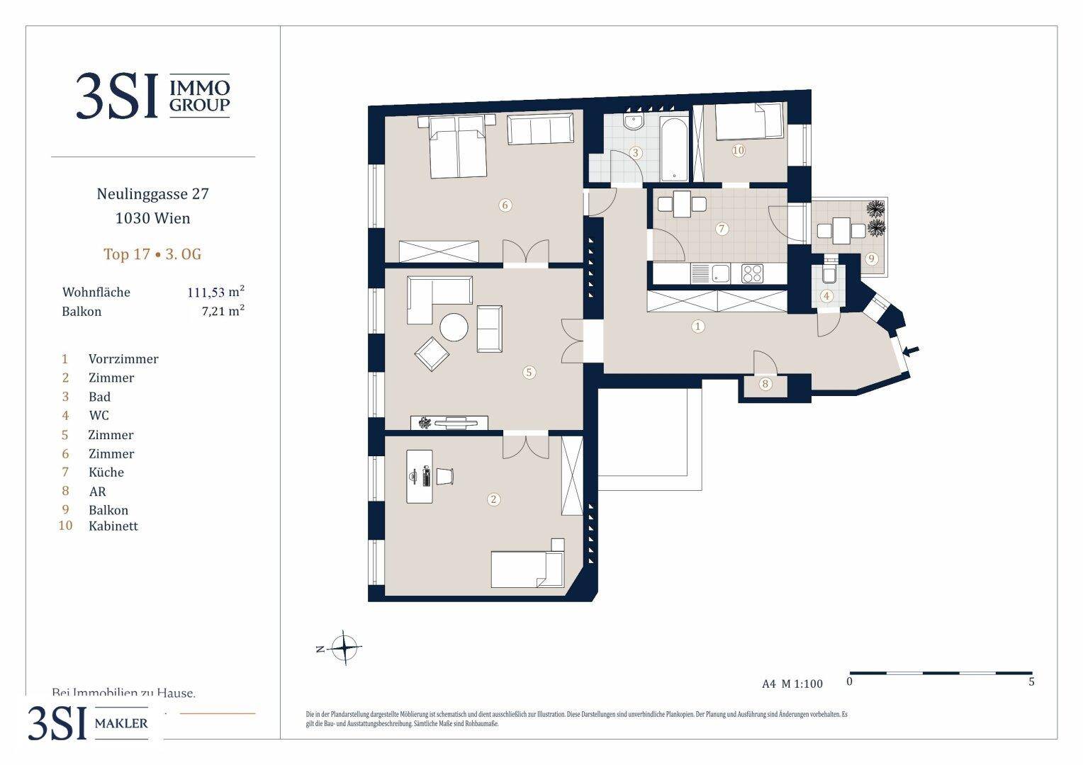Detaillierter Grundriss einer 111,53 m² großen Wohnung mit drei Schlafzimmern, separater Küche, Bad und einem Balkon von 7,21 m².