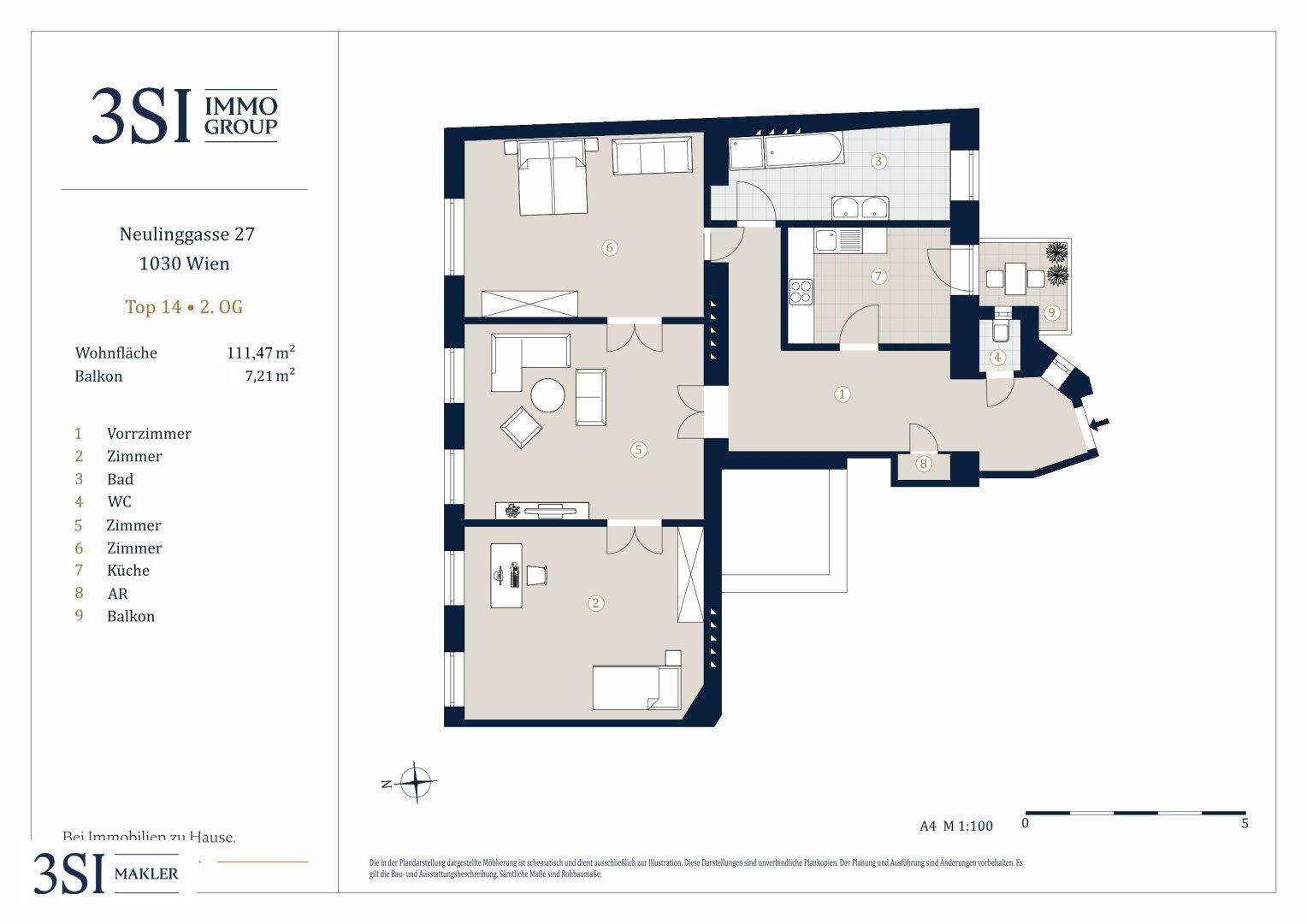 Detaillierter Grundriss einer Etagenwohnung mit mehreren Zimmern, separater Küche, Bad und einem Balkon.