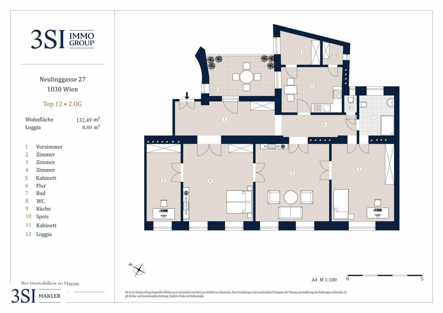 Grundriss einer Wohnung mit mehreren Zimmern, einer Küche, einem Bad, separatem WC und einer Loggia.