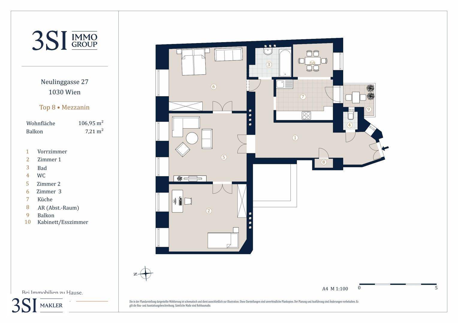 Grundriss einer Wohnung mit drei Schlafzimmern, separater Küche, Bad, WC und Balkon.