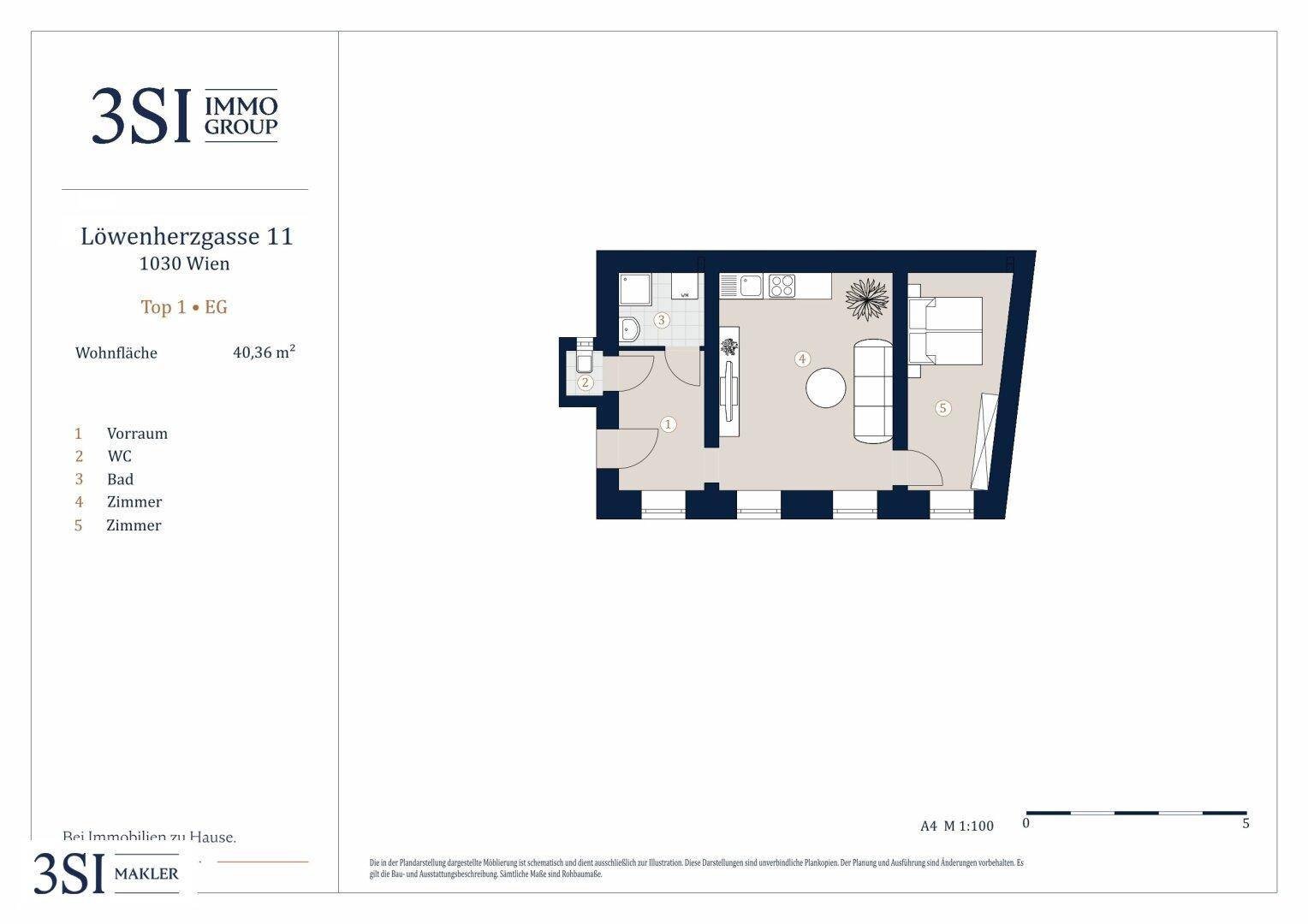 Detaillierter Grundriss einer Wohnung mit Vorraum, WC, Bad und zwei Zimmern.