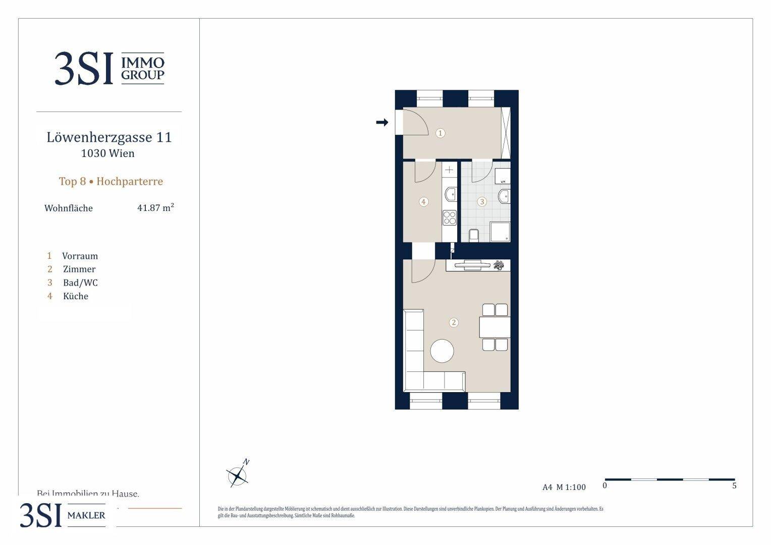 Grundriss einer Wohnung mit 41,87 m² Wohnfläche, aufgeteilt in Vorraum, Zimmer, Bad/WC und Küche.