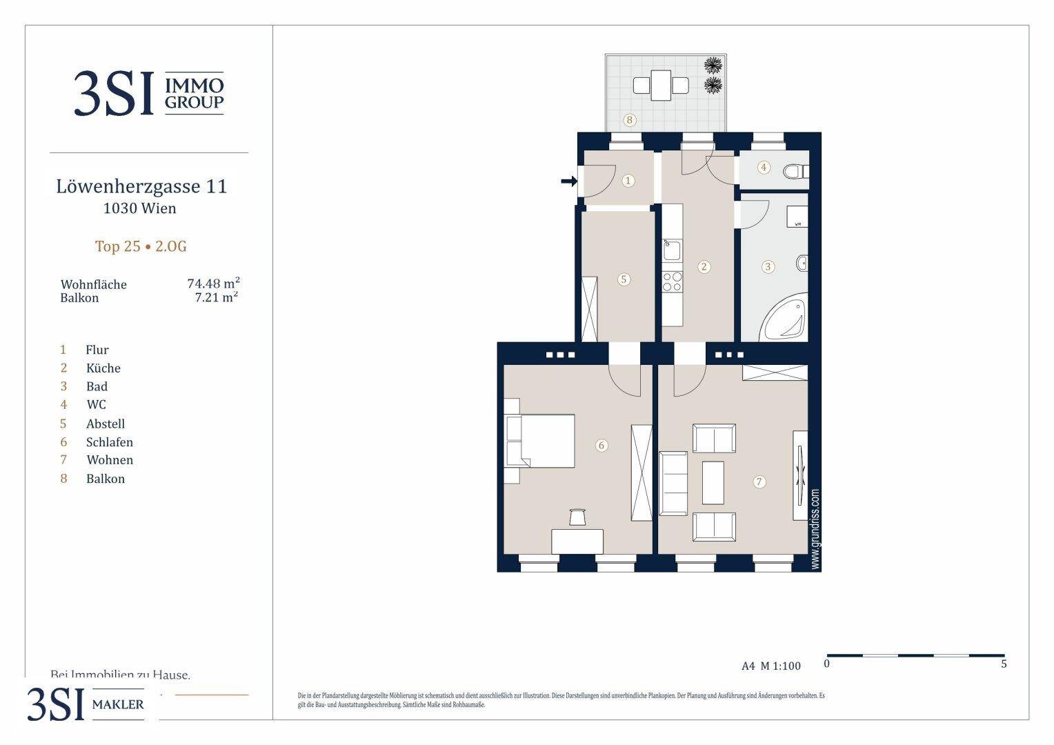 Grundriss der Wohnung Löwenherzgasse 11 mit 74,48 m² Wohnfläche und Balkon.