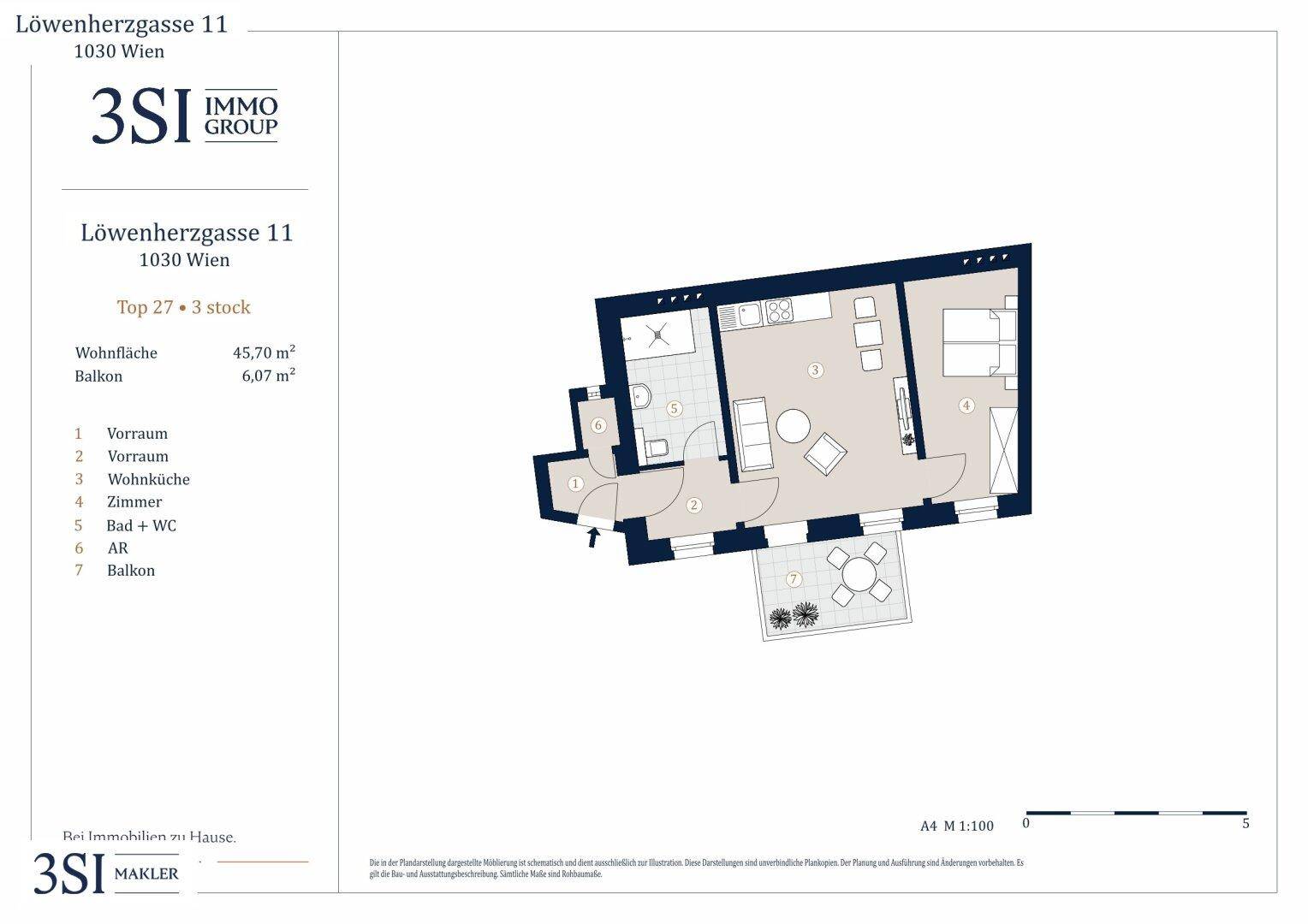 Grundriss der Wohnung Löwenherzgasse 11, Top 27, mit Balkon und Raumaufteilung.