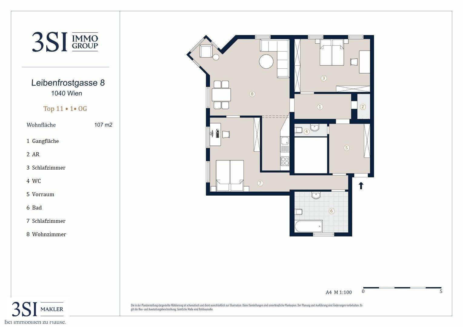 Detaillierter Grundriss einer modernen Wohnung mit offenem Wohn-Essbereich, drei Schlafzimmern und zwei Bädern.