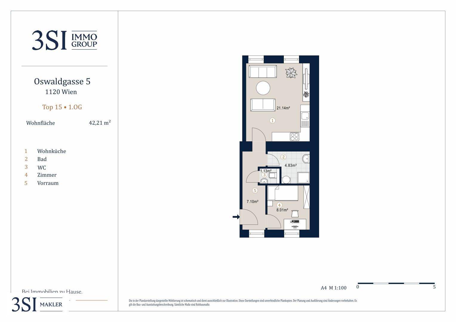 Grundriss einer kleinen Wohnung mit offener Wohnküche, separatem WC und einem Schlafzimmer.