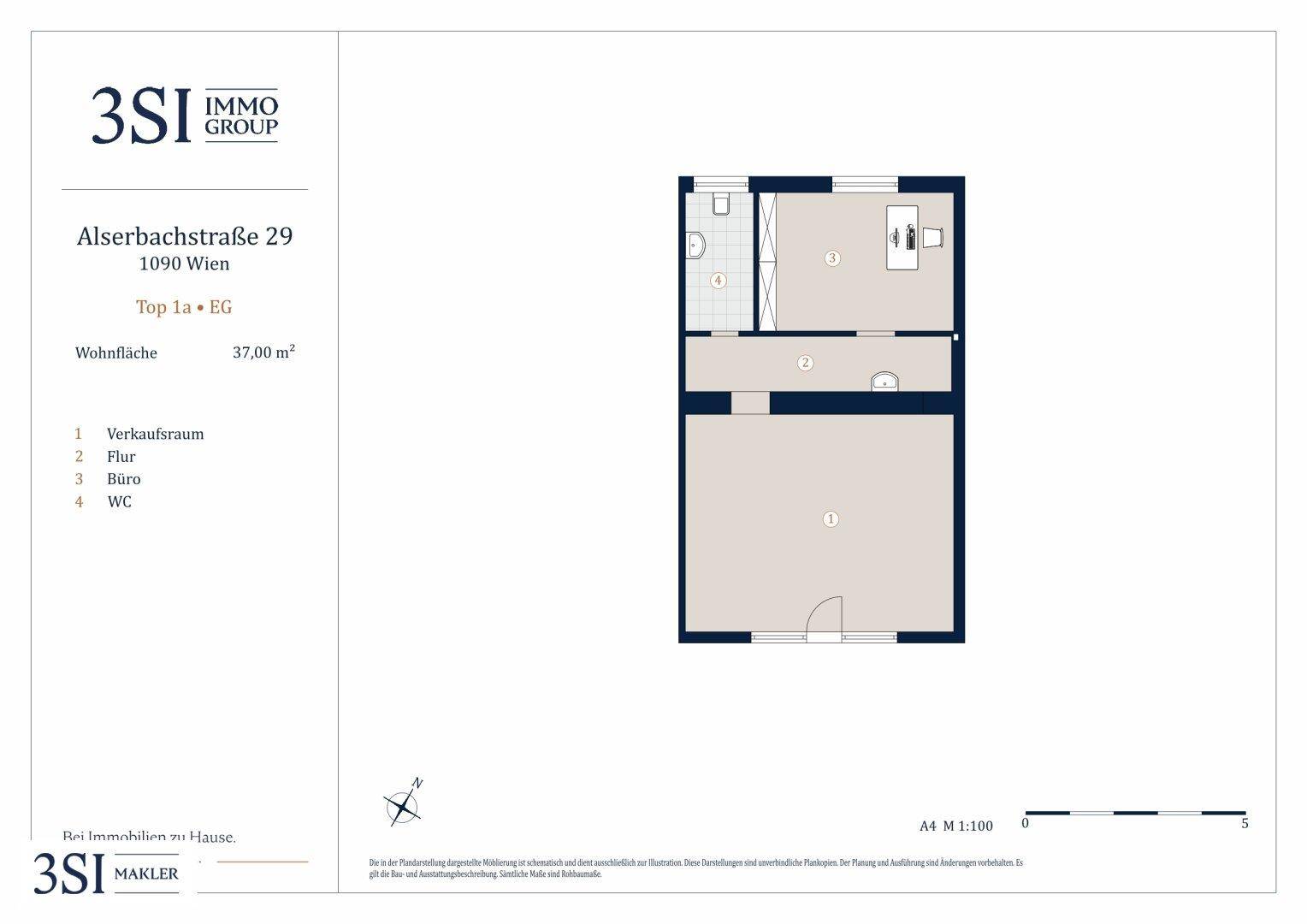 Grundrissplan einer 37 m² großen Gewerbefläche mit Verkaufsraum, Büro und separatem WC.