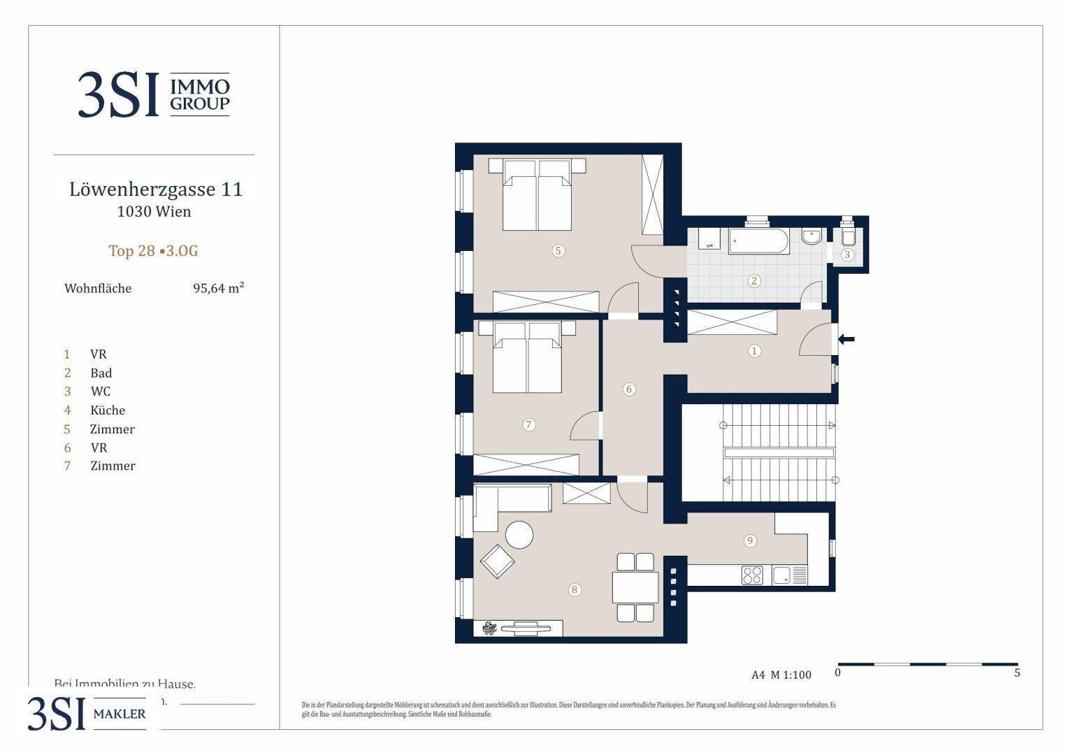 Detaillierter Grundriss einer Wohnung mit 95,64 m² Wohnfläche und mehreren Zimmern.