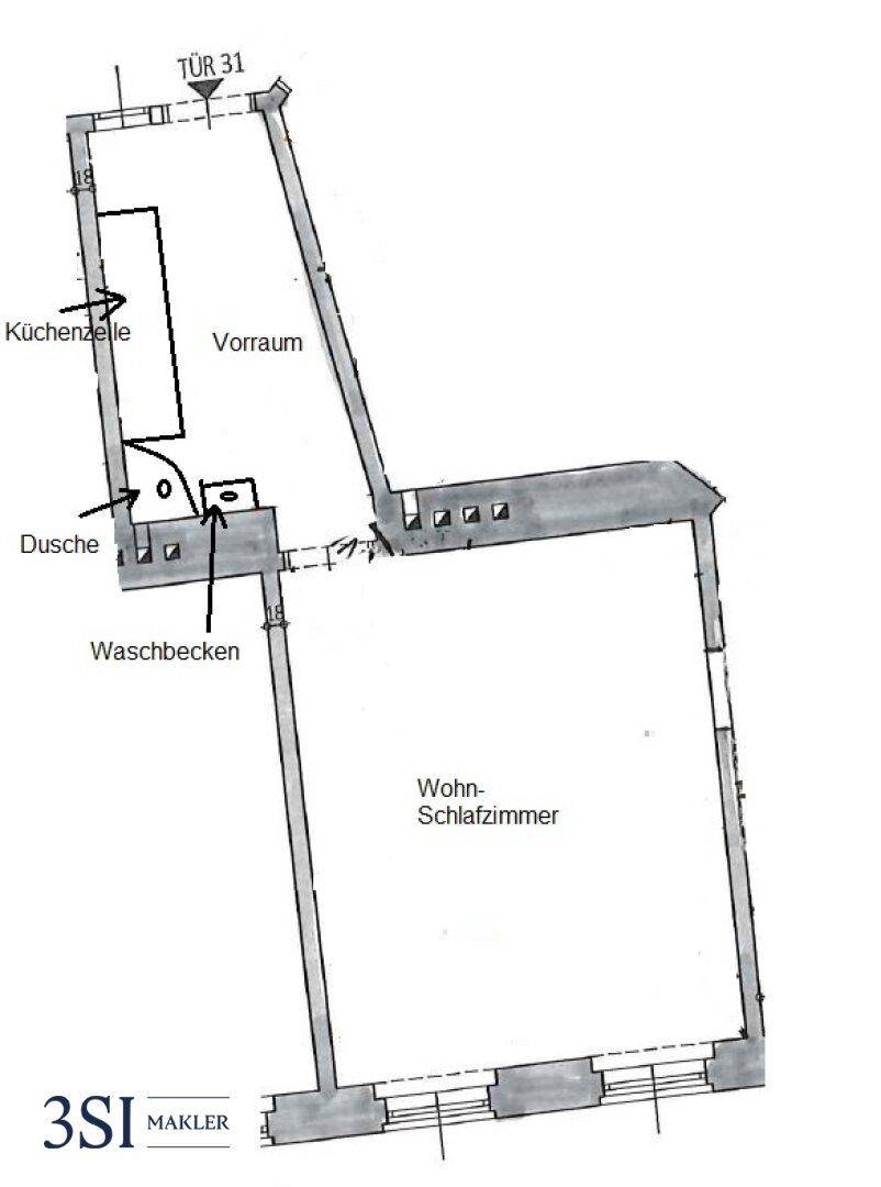 Einfacher Grundriss einer kleinen Wohnung mit Küchenzeile, Dusche und Wohn-Schlafzimmer.