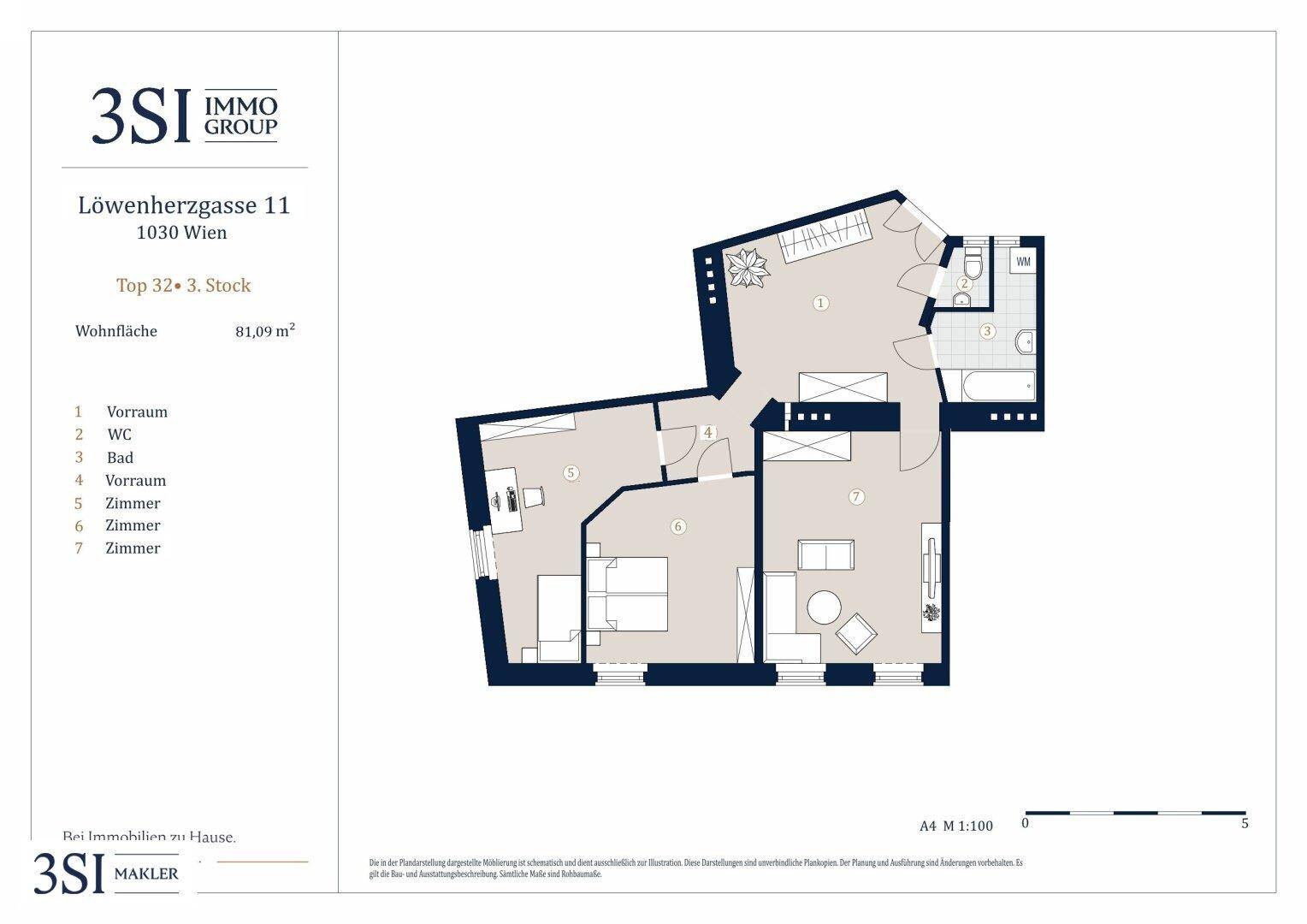 Übersichtlicher Grundriss einer Wohnung mit 81,09 m² Wohnfläche, Bad und WC.