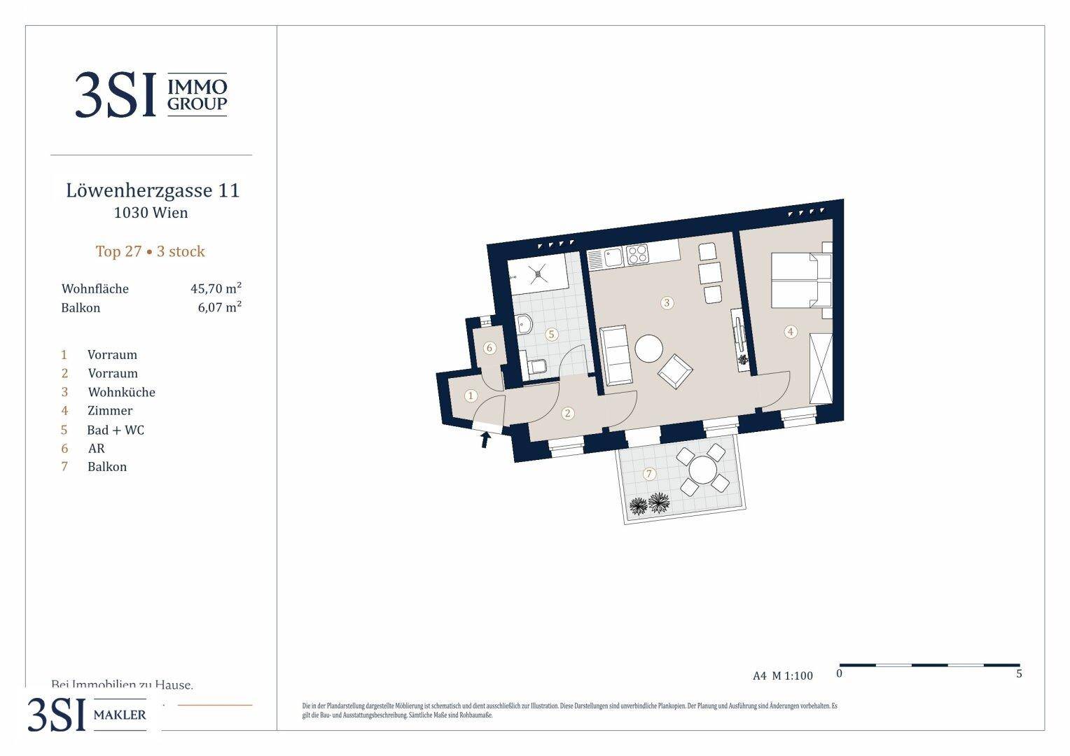 Detaillierter Grundriss einer Wohnung mit offenem Wohnbereich, einem Schlafzimmer, Badezimmer und einem Balkon.