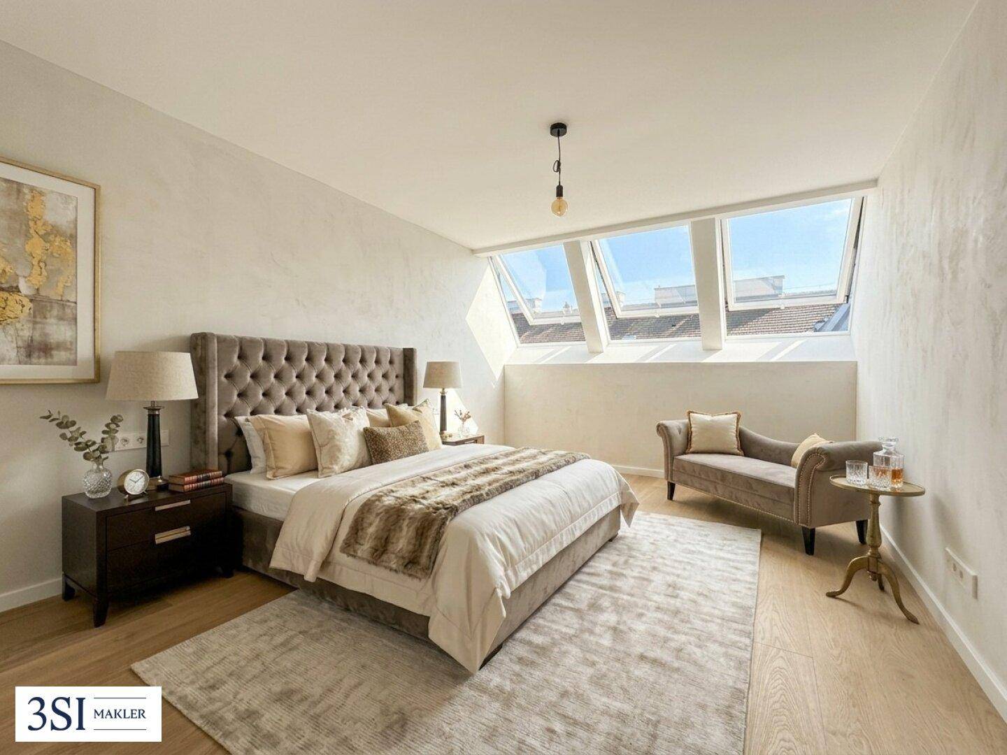 Gemütliches Schlafzimmer mit großem Bett, Dachschrägen und mehreren Dachfenstern für viel Licht.