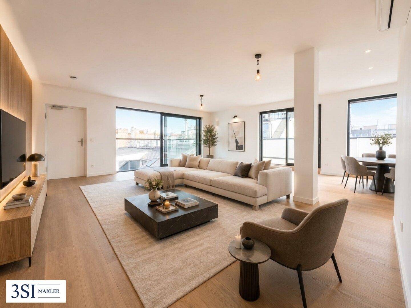 Modern eingerichteter Wohn-Essbereich mit großem Sofa, Holzboden und bodentiefen Fenstern.