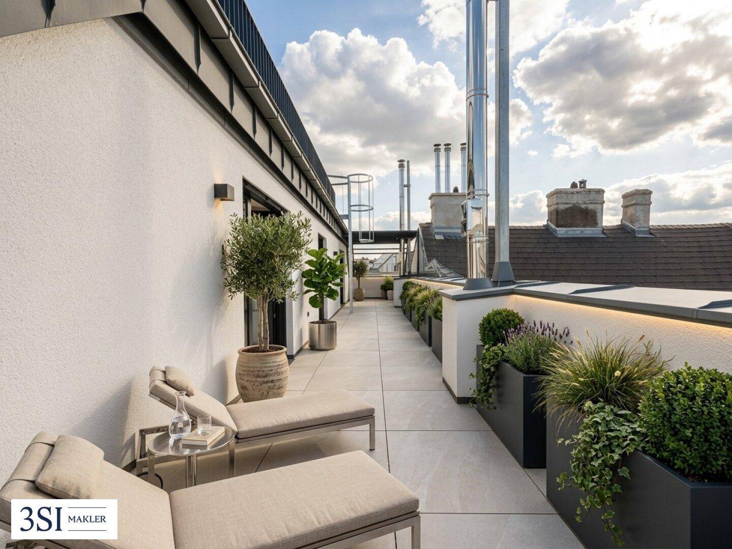 Stilvolle Dachterrasse mit Liegestühlen, Pflanzen und weitem Blick über die Stadt.